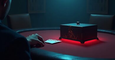Ciemny pokój pokerowy, ludzka dłoń z kartami naprzeciw świecącej popękanej czarnej skrzynki