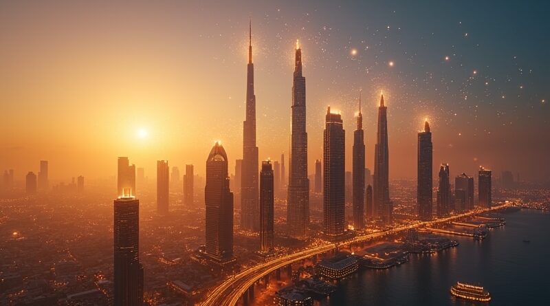 Dubajska panorama o złotej godzinie, cyfrowe nici łączące węzły startupów AI.