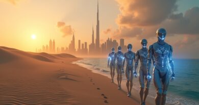 Futurystyczna panorama Dubaju o zachodzie słońca, 300 tysięcy srebrnych robotów z błękitnymi danymi.