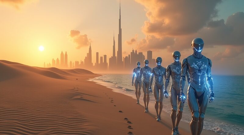 Futurystyczna panorama Dubaju o zachodzie słońca, 300 tysięcy srebrnych robotów z błękitnymi danymi.