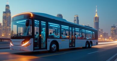 Futurystyczny autobus Dubaju w neonowym mieście, holograficzne dane, ciepłe pustynne barwy.