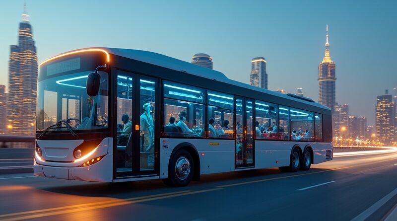 Futurystyczny autobus Dubaju w neonowym mieście, holograficzne dane, ciepłe pustynne barwy.