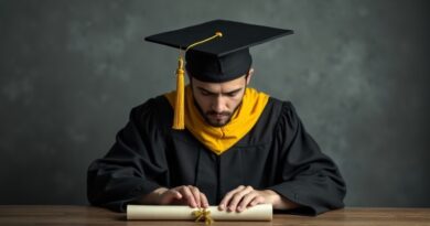 Student w todze, popękany dyplom zasłania twarz, pisze na niewidzialnej klawiaturze.