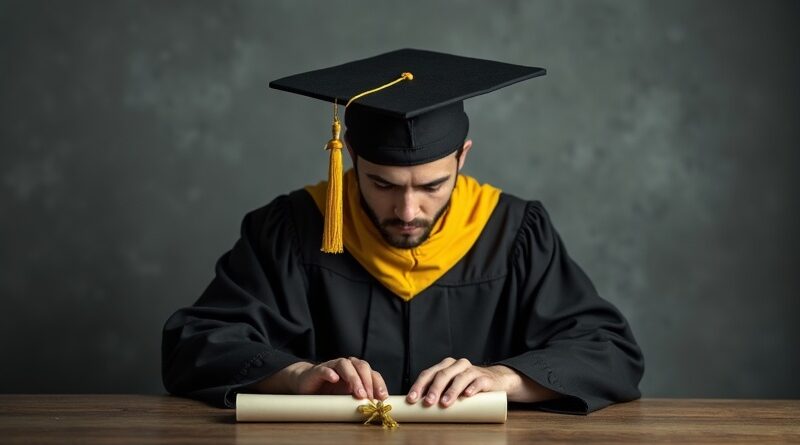 Student w todze, popękany dyplom zasłania twarz, pisze na niewidzialnej klawiaturze.