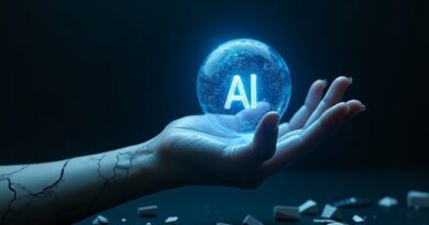 Marmurowa dłoń z holograficznym globem "AI" w ciemności.