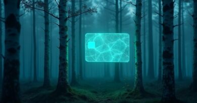Holograficzny dowód tożsamości AI unoszący się w mistycznym estońskim lesie o zmierzchu.