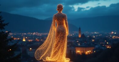 Świetlista cyfrowa statua Europy z danych i gwiazd UE przed austriackim zmierzchem.