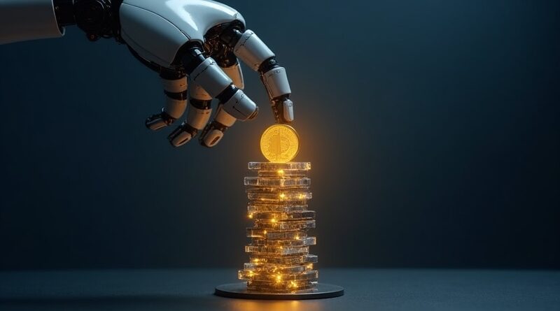 Robotyczna dłoń umieszcza złotą monetę w kryształowym wieżowcu. Niebiesko-złota, futurystyczna scena finansów.