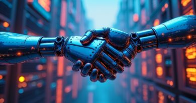 Dwie robotyczne dłonie (niebieska i srebrna) ściskają się nad neonowym miastem z obwodów.