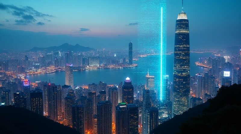 Cyfrowa bariera przecina neonową panoramę Hongkongu, symbolizując blokadę AI.