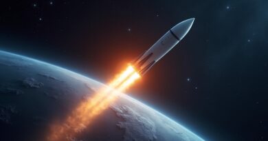 Rakieta SpaceX w kosmosie, niosąca świecący chip GPU, Ziemia w tle.