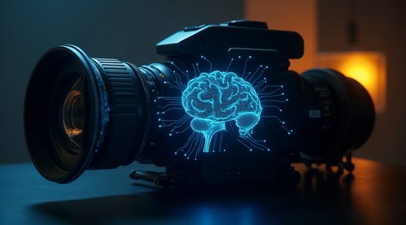 Obiektyw kamery z niebieskimi obwodami sztucznej inteligencji w kontrastowym oświetleniu studyjnym.