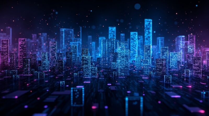 Fragmenty tekstu i piksele zlewają się w bloki na neonowym, gradientowym tle.