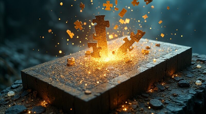 Majestic stone tablet rozpada się w złote, świetliste puzzle, tworząc mgławicę z binarnym kodem.