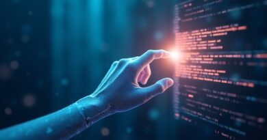 Neon-bursztynowa dłoń AI sięga ku świecącemu oknu z kodem i pociągnięciami pędzla.