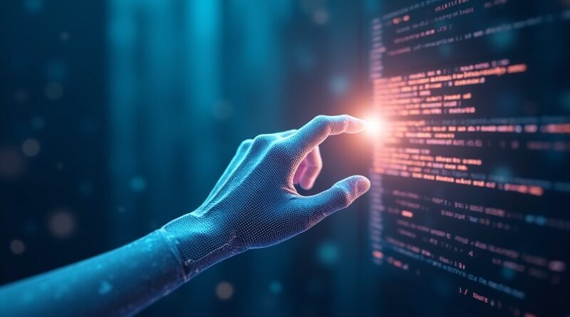 Neon-bursztynowa dłoń AI sięga ku świecącemu oknu z kodem i pociągnięciami pędzla.