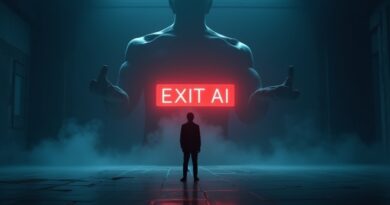 Wydawca przed czerwonym przyciskiem Exit AI, sylwetka AI w cieniu, zimne niebieskie światło