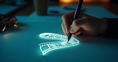Hand sketching glowing film strip on dark desk with pencil icon teal slate amber