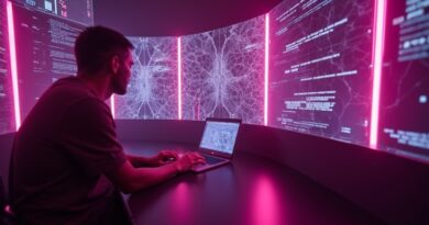 Neonowy interfejs AI rozpuszcza się w pornograficznych obrazach, glitch art, cyberpunkowa dekadencja.