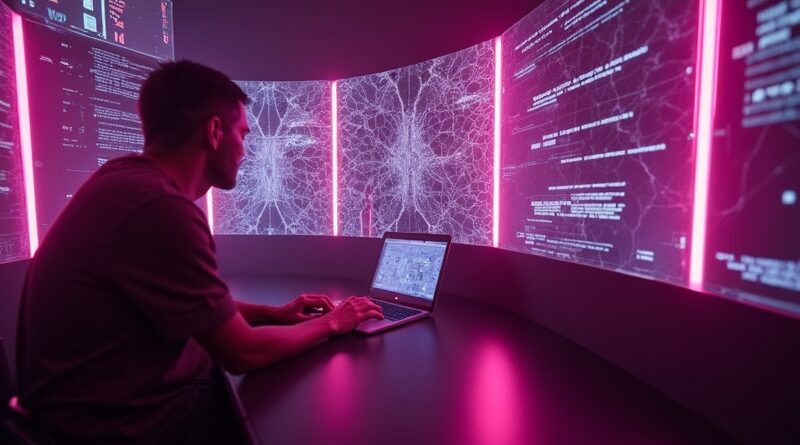 Neonowy interfejs AI rozpuszcza się w pornograficznych obrazach, glitch art, cyberpunkowa dekadencja.