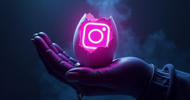 Graficzne logo Instagrama pęknięte jak jajko, ciemnoniebieska i neonowa purpura, dłonie hakerów wylewające czarną ciecz.