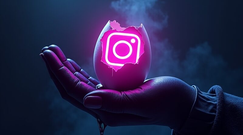Graficzne logo Instagrama pęknięte jak jajko, ciemnoniebieska i neonowa purpura, dłonie hakerów wylewające czarną ciecz.