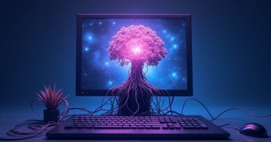 Neonowo-fioletowy organiczny rdzeń AI wyrasta z ekranu komputera, korzenie w hardware.