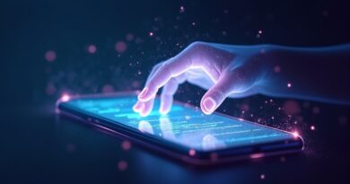 Przezroczysta holograficzna dłoń dotyka świecącego kodu na ekranie smartfona