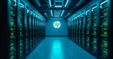 Autonomiczne centrum danych HP z niebiesko-zielonym kodem i robotycznymi ramionami.