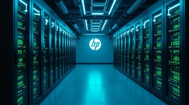 Autonomiczne centrum danych HP z niebiesko-zielonym kodem i robotycznymi ramionami.