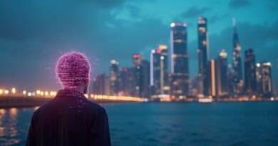 Neonowe Dubai o zmierzchu, postać z cyfrowymi glitchami w głowie.