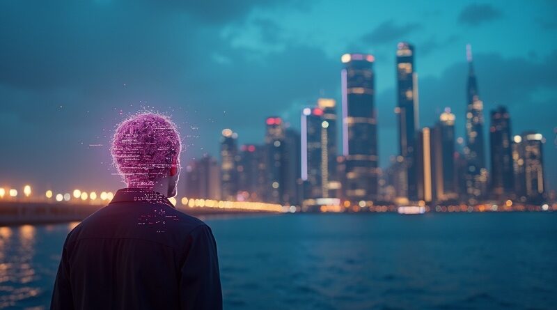 Neonowe Dubai o zmierzchu, postać z cyfrowymi glitchami w głowie.