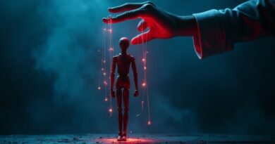 Surrealna marionetka z neonowymi strunami w rękach cienia, błękit i czerwień.