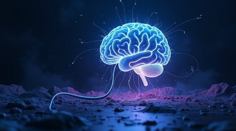 Krzemowy mózg z samopiszczym kodem odcina kabel zasilania, neon błękit i fiolet