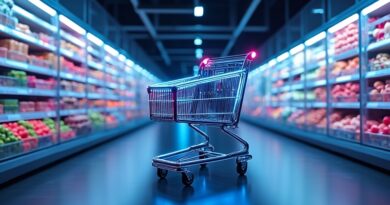 Weis Markets' glowing AI cart scans produce in a neon-lit cyberpunk aisle.