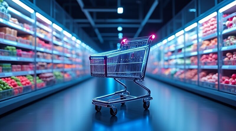 Weis Markets' glowing AI cart scans produce in a neon-lit cyberpunk aisle.