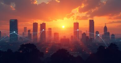 Futurystyczne Nairobi o zachodzie słońca z siecią AI i sylwetkami programistów.