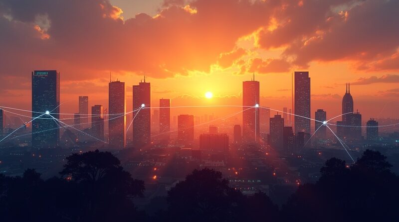 Futurystyczne Nairobi o zachodzie słońca z siecią AI i sylwetkami programistów.