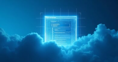 Luminous browser window in cloudscape, code transforming into blueprints, indigo-cyan gradients, clean minimalist calm innovation
