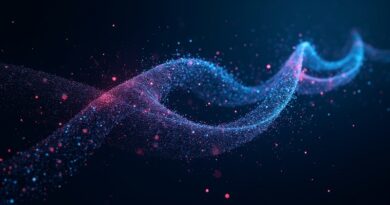 Luminous recursive helix of code lines morphing into neural network, cyan magenta on navy