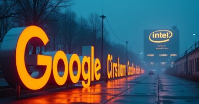 Długi rząd gigantycznych, świecących logo firm czeka przed futurystyczną fabryką Intela.