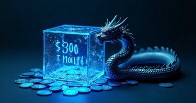 Pęknięta szklana subskrypcja, $30/miesiąc, niebieskie tokeny AI, smok oplatający chmurę DeepSeek.