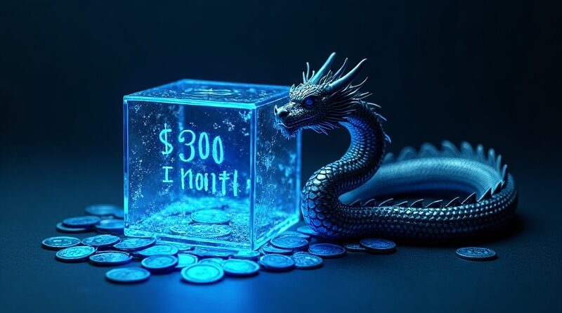 Pęknięta szklana subskrypcja, $30/miesiąc, niebieskie tokeny AI, smok oplatający chmurę DeepSeek.