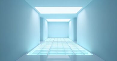 Minimalistyczne wnętrze z unoszącą się świetlistą siatką 3D w niebiesko-srebrnej tonacji.