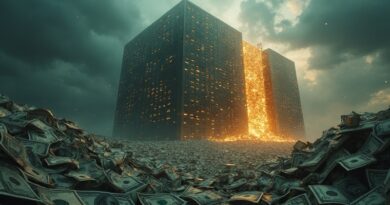 Pękająca ściana banknotów dolarowych przed szklanym centrum danych pod burzowym niebem.