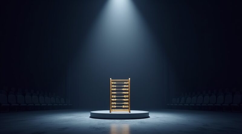 Pusta, luksusowa widownia w Rijadzie o zmierzchu. Złote liczydło na podium w świetle reflektora.