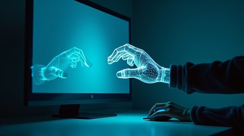 Futurystyczna, świetlista dłoń z ekranu sięga po fizyczną mysz, cyberpunk, błękit.