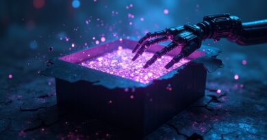 Rozbita czarna skrzynka odsłania świetlisty świat 3D, robotyczne ramię sięga, cyberpunk neon.