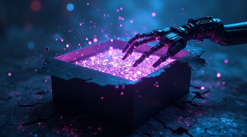 Rozbita czarna skrzynka odsłania świetlisty świat 3D, robotyczne ramię sięga, cyberpunk neon.