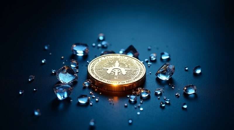 Rozbity kryształ OpenAI obok chińskiej monety z obwodami, symbol końca monopolu i oszczędności.
